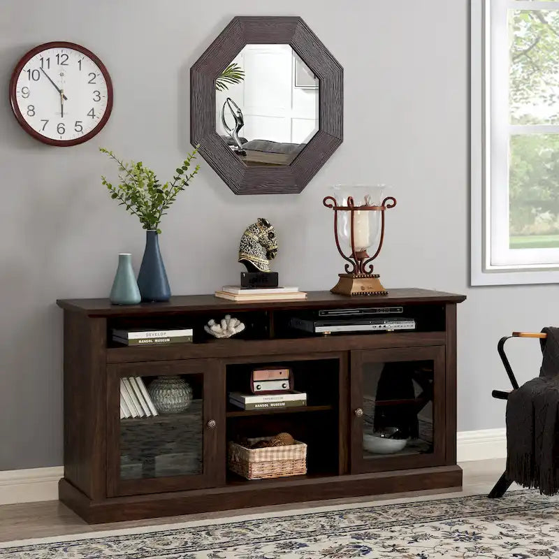 Modern TV Stand Media Stand Modern Entertainment Console for TV Up to 65 with Glass Door Open and Closed Storage Space