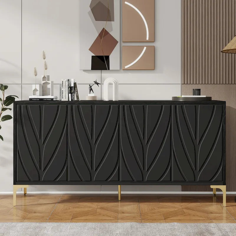 Creative carved 4-door Sideboard Handleless Press-to-Open Design Buffet Cabinet for Dining Room,Living Room, Bedroom, Hallway