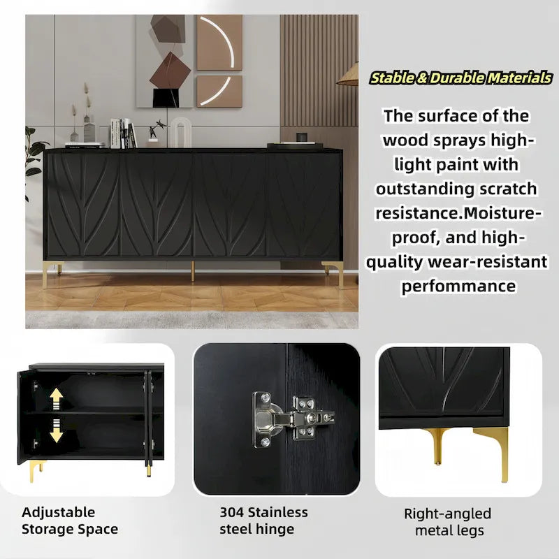 Creative carved 4-door Sideboard Handleless Press-to-Open Design Buffet Cabinet for Dining Room,Living Room, Bedroom, Hallway