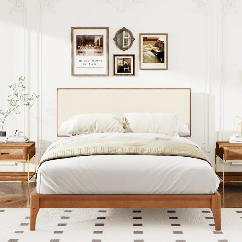Elegant Solid Bamboo Wood Platform Bed with Upholstered Adjustable Headboard