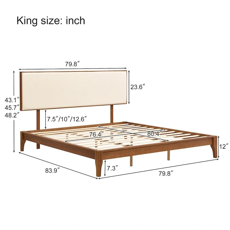 Elegant Solid Bamboo Wood Platform Bed with Upholstered Adjustable Headboard