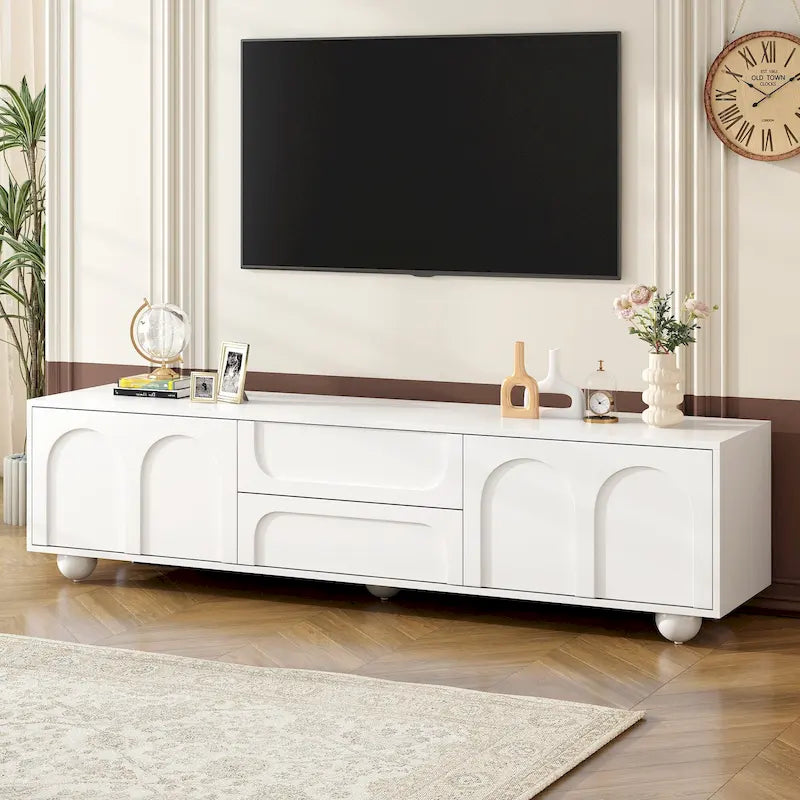 Modern Storage TV Stand with 2 Rebound Cabinets, 2 Drawers and 5 Round Legs for Living Room Bedroom