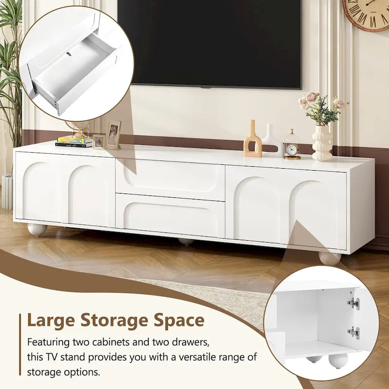 Modern Storage TV Stand with 2 Rebound Cabinets, 2 Drawers and 5 Round Legs for Living Room Bedroom
