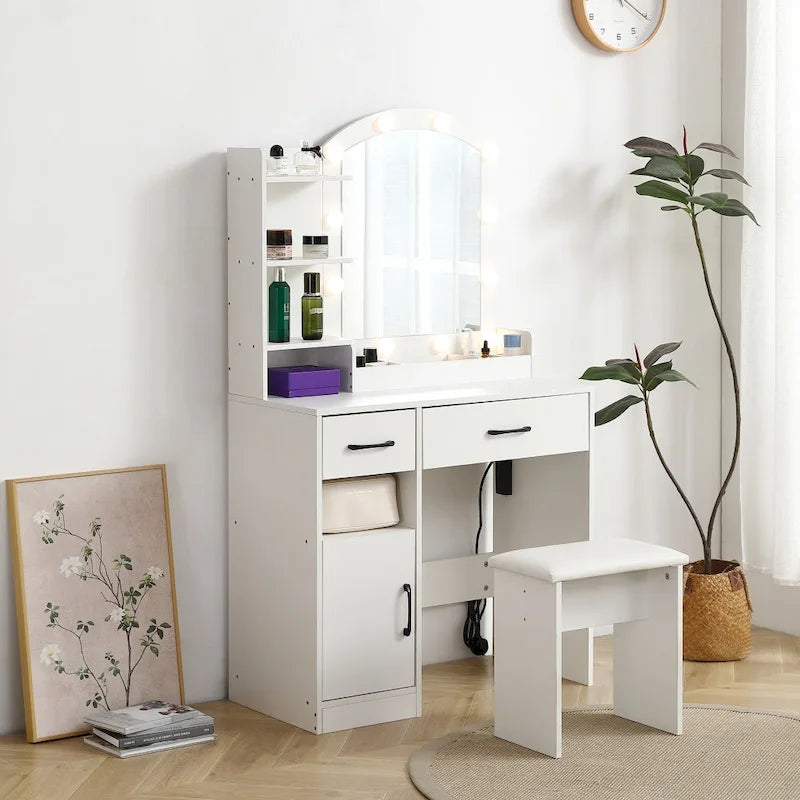 Vanity Table with Lighted Mirror and 3 Drawers and Storage Cabinet