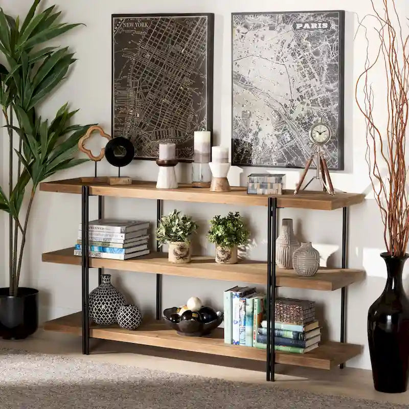 Finished Wood and Black Finished Metal Console Table