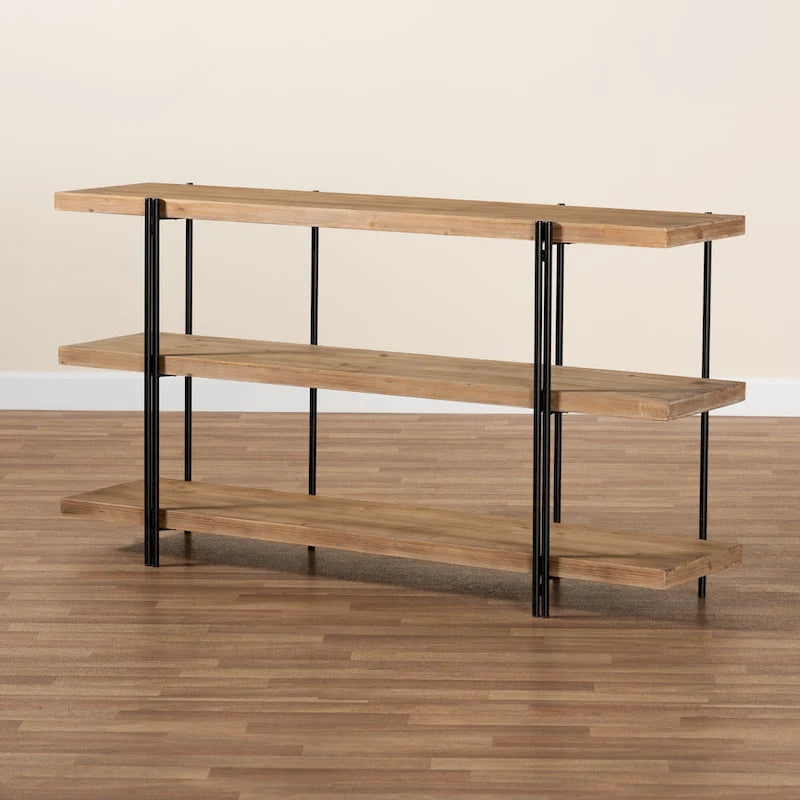 Finished Wood and Black Finished Metal Console Table