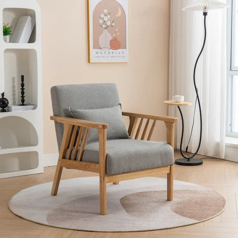 Mid Century Boucle Upholstered Solid Wood Accent Armchair with Pillow