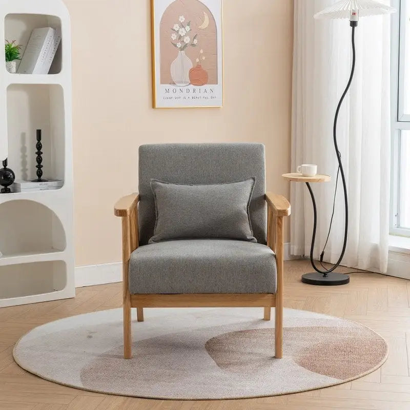 Mid Century Boucle Upholstered Solid Wood Accent Armchair with Pillow