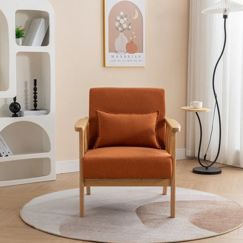 Mid Century Boucle Upholstered Solid Wood Accent Armchair with Pillow