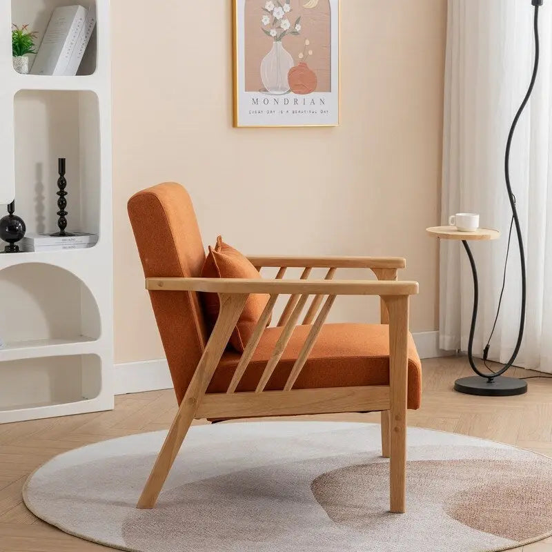 Mid Century Boucle Upholstered Solid Wood Accent Armchair with Pillow