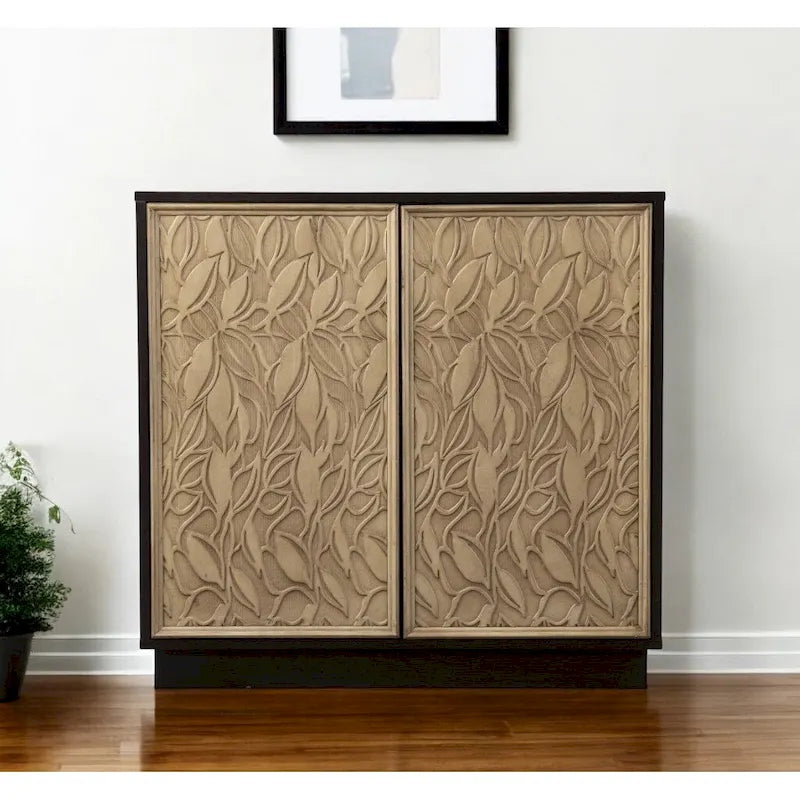 32 Dark Brown And Natural Carved Floral Sideboard with Two Doors