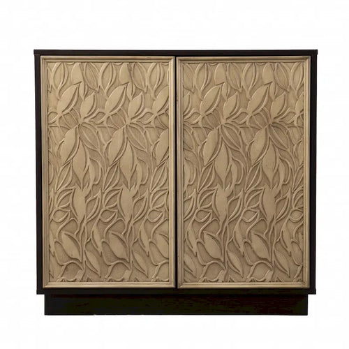 Credenza marrone scuro e naturale da 32 con motivi floreali intagliati e due ante