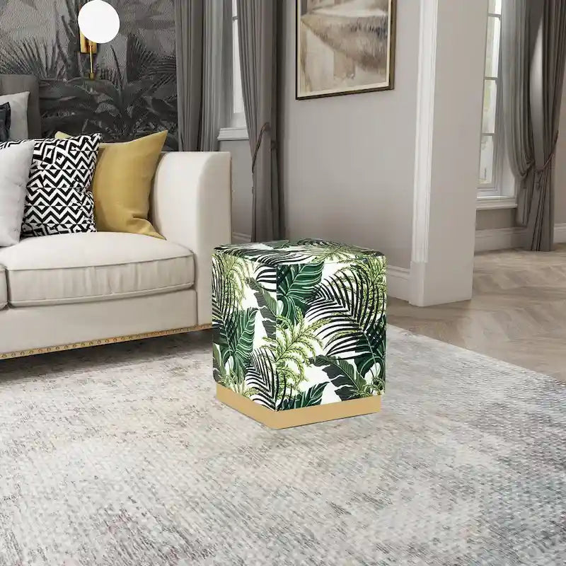 Pouf carré en velours, tabouret rembourré, base plaquée or