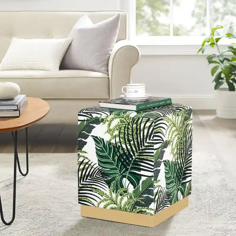 Pouf carré en velours, tabouret rembourré, base plaquée or