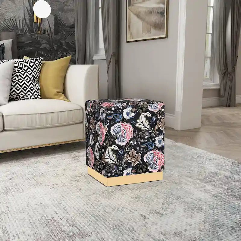 Pouf carré en velours, tabouret rembourré, base plaquée or