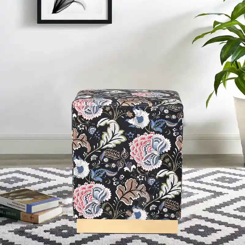 Pouf carré en velours, tabouret rembourré, base plaquée or