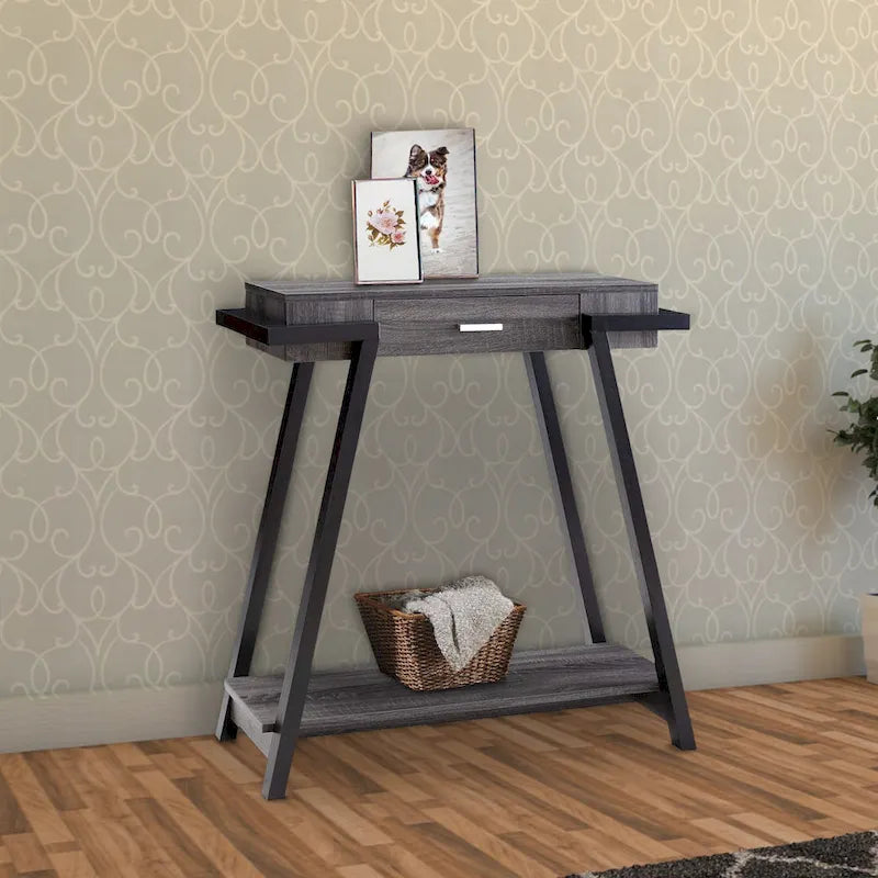 Wooden Console Table with Angled Leg Support and Drawer,Black and Gray