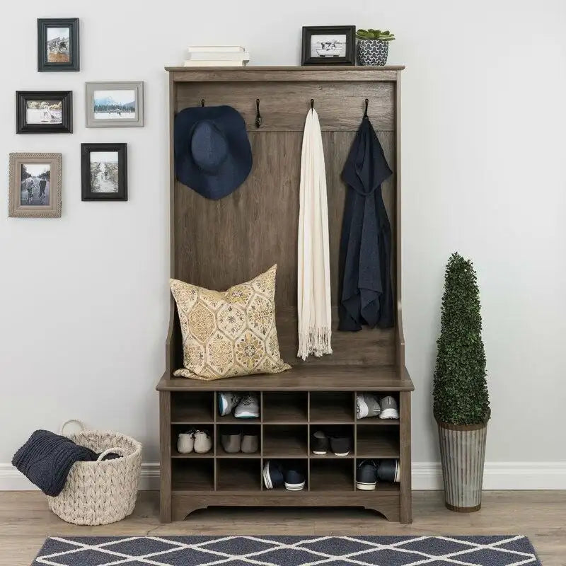 Portemanteau d'entrée gris avec banc à chaussures et rangement - 68 H x 38 l x 15.5 P