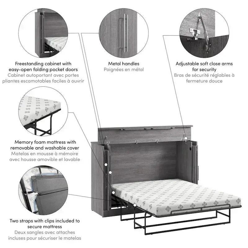75W Queen Cabinet Bed with Mattress for Guest Room