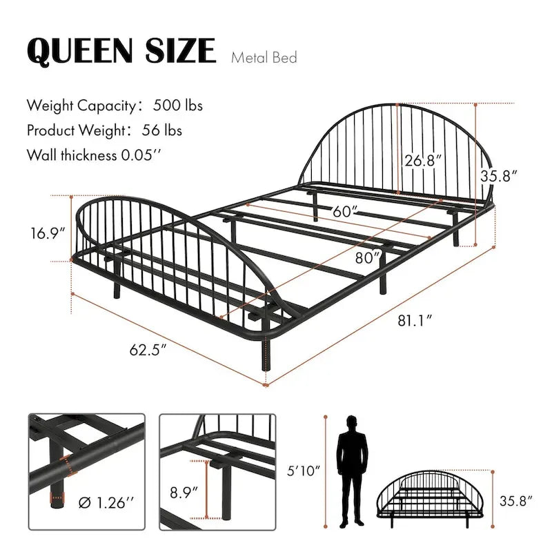 Curved Metal Powder Coated Bed Frame, No Box Spring Needed
