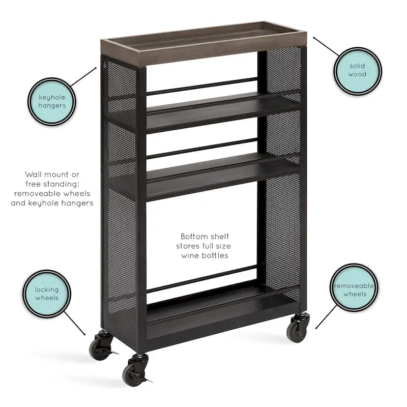Iron Storage Cart with Four Open Shelves - 18x7x30