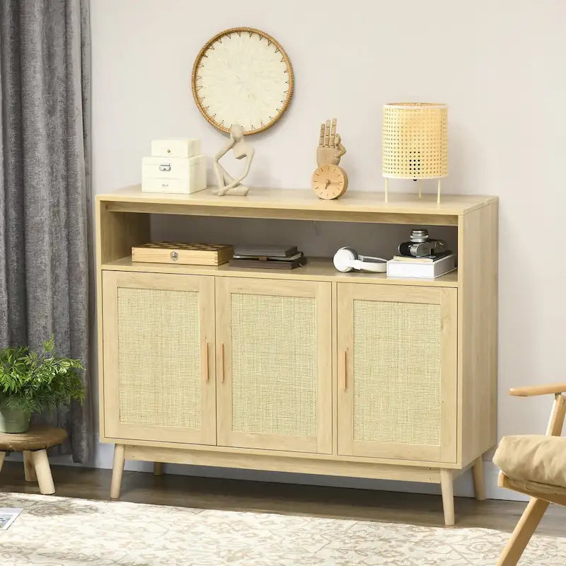 Credenza buffet Boho con ante in rattan, finitura naturale