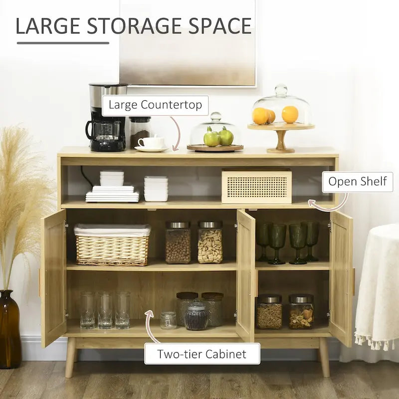 Credenza buffet Boho con ante in rattan, finitura naturale